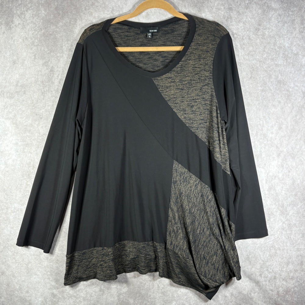 Sun Kim Tunic Top Womens XL Black Asymmetric Lagenlook Colorblock Stretch Casual